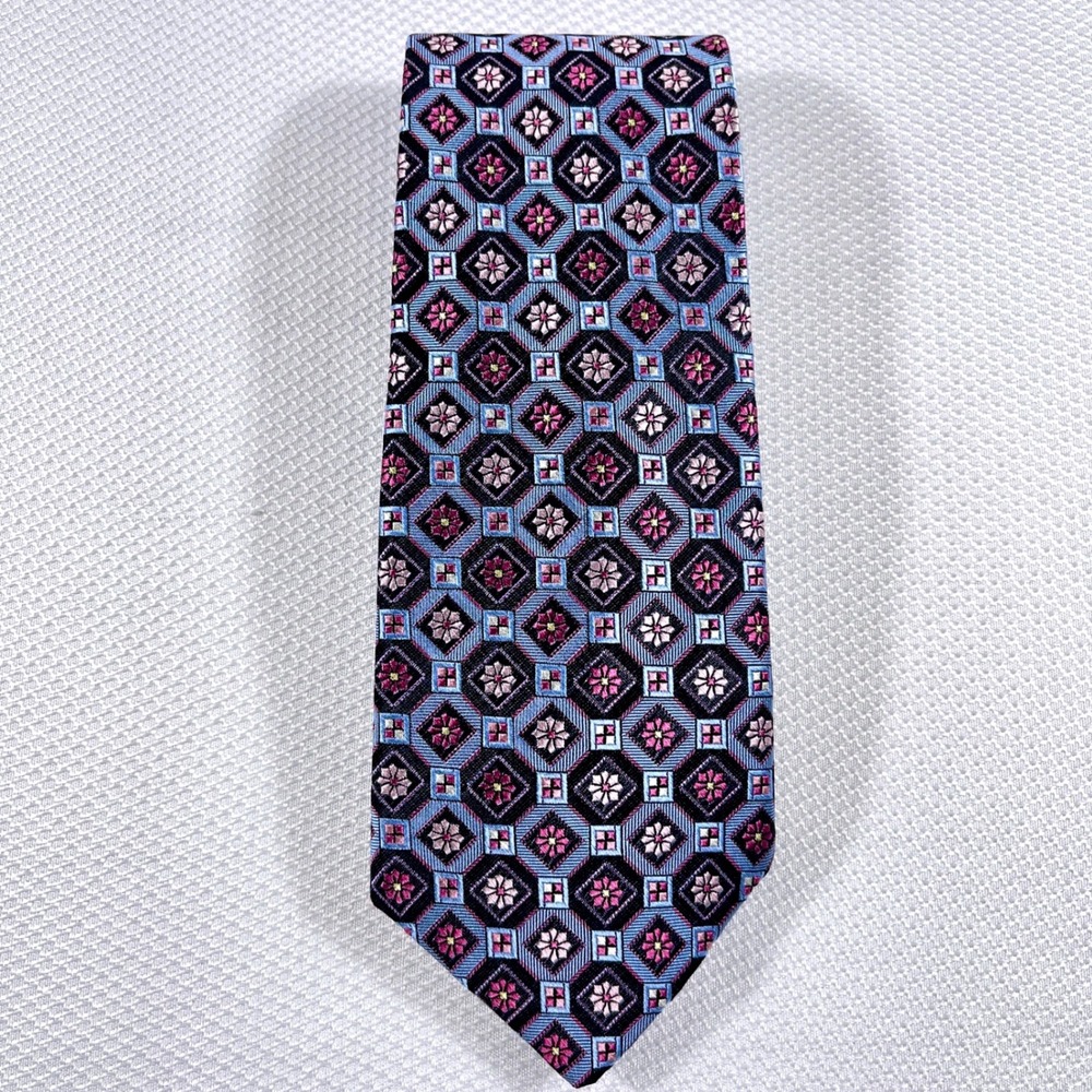 Piattelli Platinum Mens Silk Tie Blue Pink Geometric Medallion Made in USA - Picture 1 of 3
